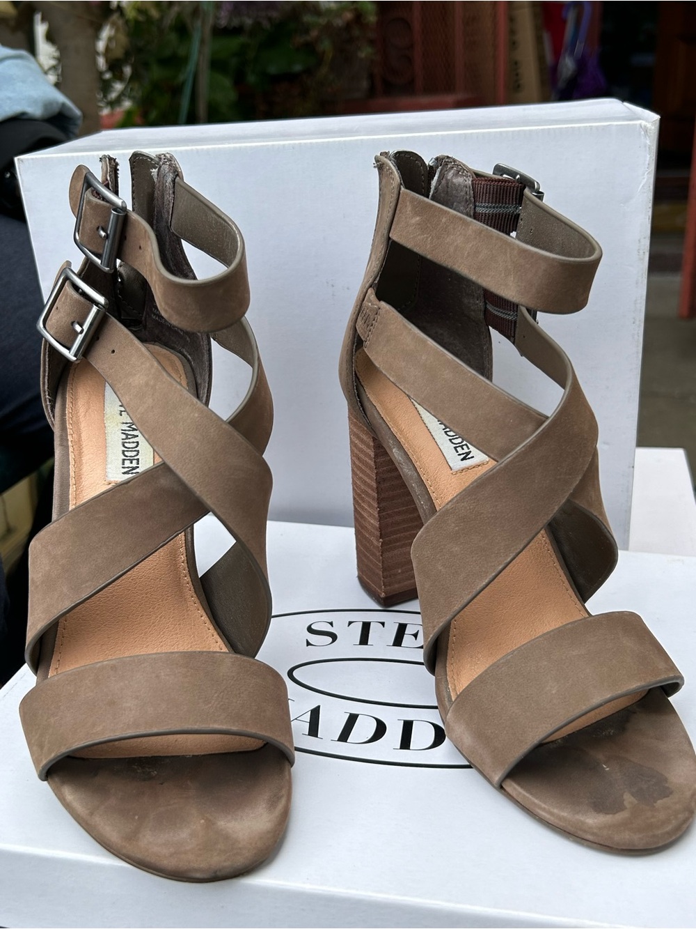 Steve Madden Taupe Crisscross Block Heel Sandals